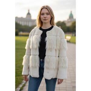 BCBGeneration Cream Faux Fur Tiered Shaggy Fringe Coat Jacket Ivory XL